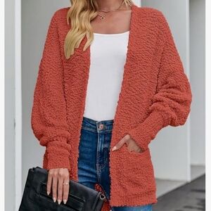 Zesica Chunky Knit Open Front Dark Coral Cardigan